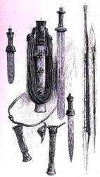 Waffen aus Liberia, aus Die Geschichte der Menschheit, Bd.III, von Prof. Friedrich Ratzel, 1898